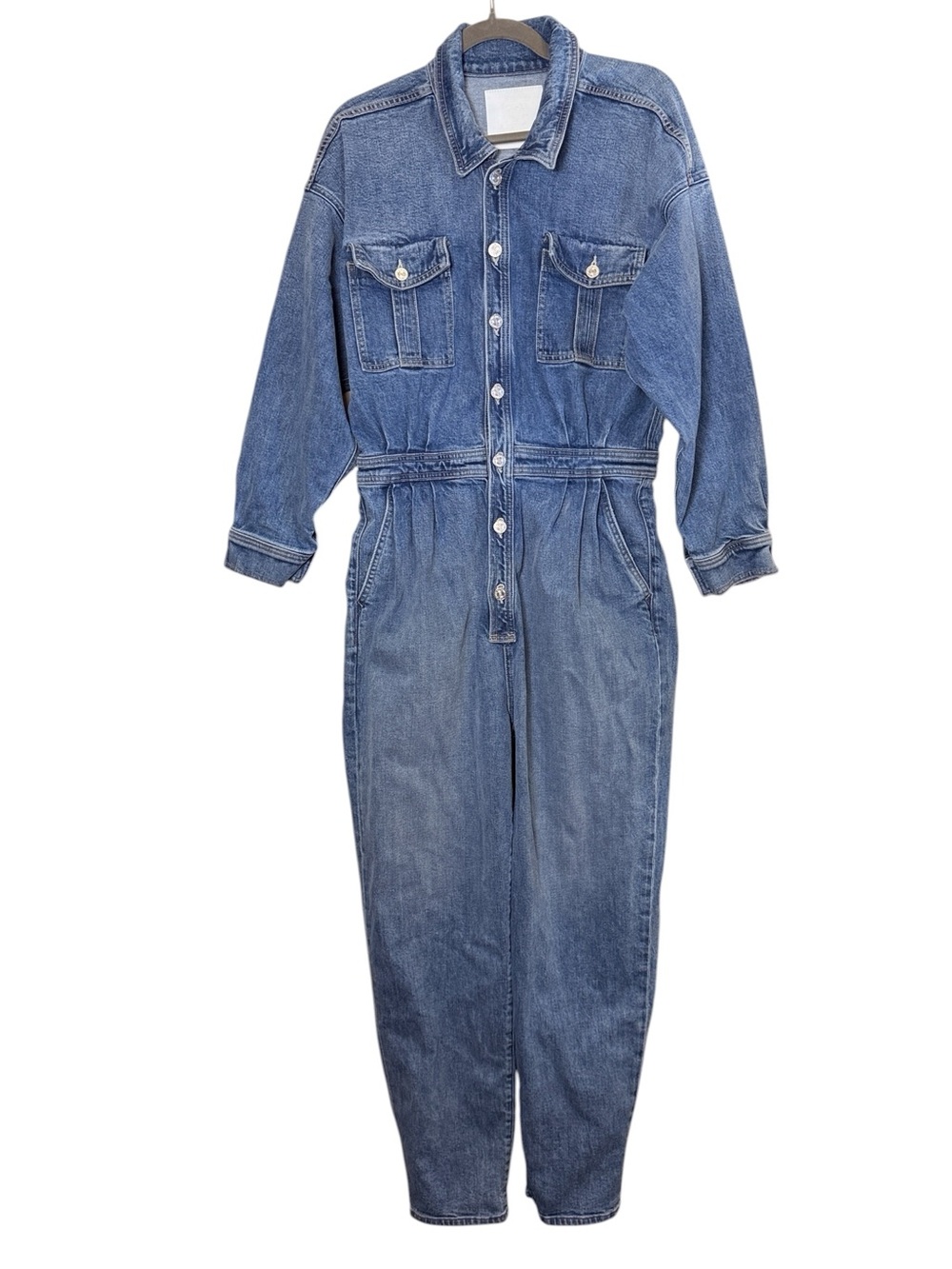 Mother The Pleated Prep Curbside Denim Cotton Jumpsuit Coveralls Utility Sz XL